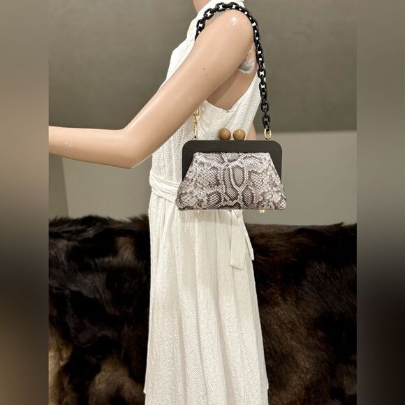 Snake Embossed Leather Handmade Wooden Frame Clutch, Wristlet, Crossbody Bag - Picture 3 of 16